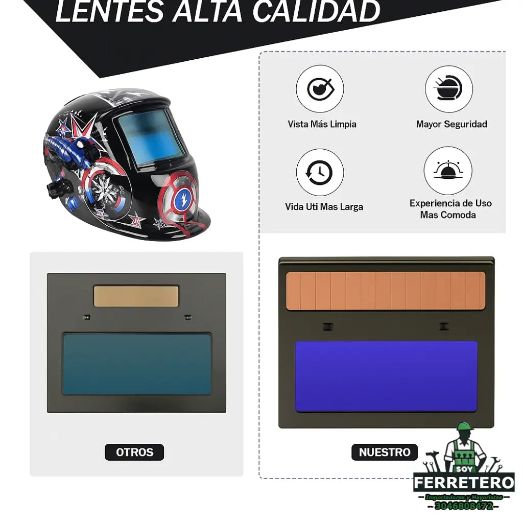 Careta Fotosensible Soldadura Capitán América - 2 Sensores Automáticos Pro Soy Ferretero