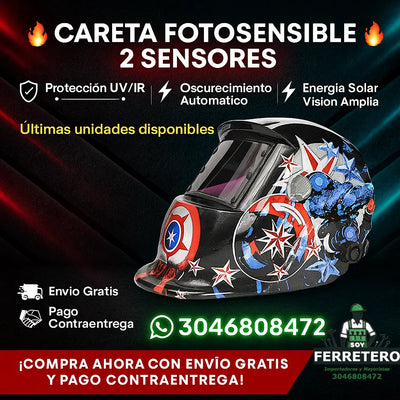 Careta Fotosensible Soldadura Capitán América - 2 Sensores Automáticos Pro