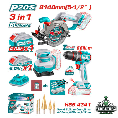 COMBO INALÁMBRICO 20V INDUSTRIAL SUPER TOTAL – Sierra Circular 5-1/2” + Taladro Percutor Atornillador 1/2” 66Nm + Lijadora de Palma 4-3/8” x 4” + 2 Baterías (4.0Ah + 2.0Ah) + Accesorios (vista extra)