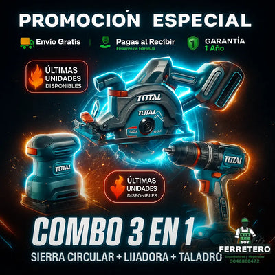 COMBO INALÁMBRICO 20V INDUSTRIAL SUPER TOTAL – Sierra Circular 5-1/2” + Taladro Percutor Atornillador 1/2” 66Nm + Lijadora de Palma 4-3/8” x 4” + 2 Baterías (4.0Ah + 2.0Ah) + Accesorios